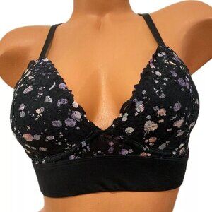 Victoria Secret Black Paint Splatter Lace Floral Bralette Lined Racerback